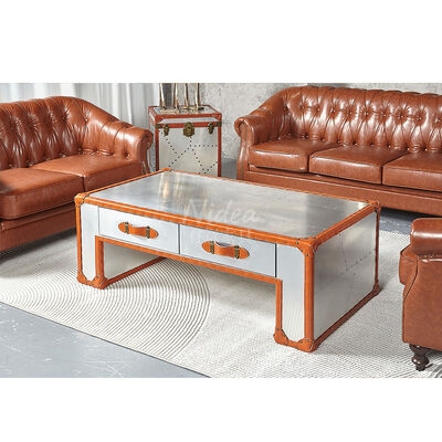 Ρετρό βαλίτσα από αλουμίνιο με δερμάτινες λεπτομέρειες, προσαρμόσιμο πολυλειτουργικό τραπεζάκι σαλονιού με 2 συρτάρια, βιομηχανική διακόσμηση