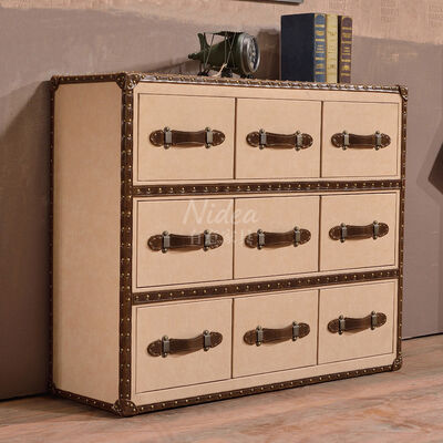 Ωραίο Στυλ Χειροποίητο Δερμάτινο Κόκκινο Κρασί Πούρο Μπαρ Πλαϊνό Τραπέζι Έπιπλο Αποθήκευσης 9 Συρταριών για Ξενοδοχεία Οικιακή Επίπλωση