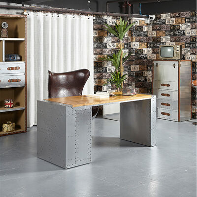 Γραφείο σπιτιού σε βιομηχανικό στυλ με ξύλινη επιφάνεια και σκελετό αλουμινίου, ανθεκτικό και απλό σχέδιο με 3 συρτάρια, ορθογώνιο